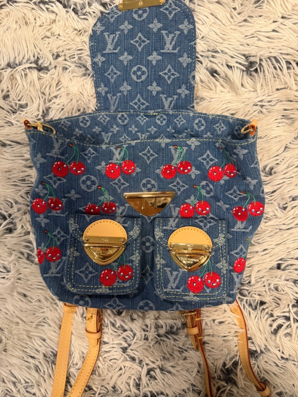 Denim Cherry Small Backpack Bag - Picture 3 of 6